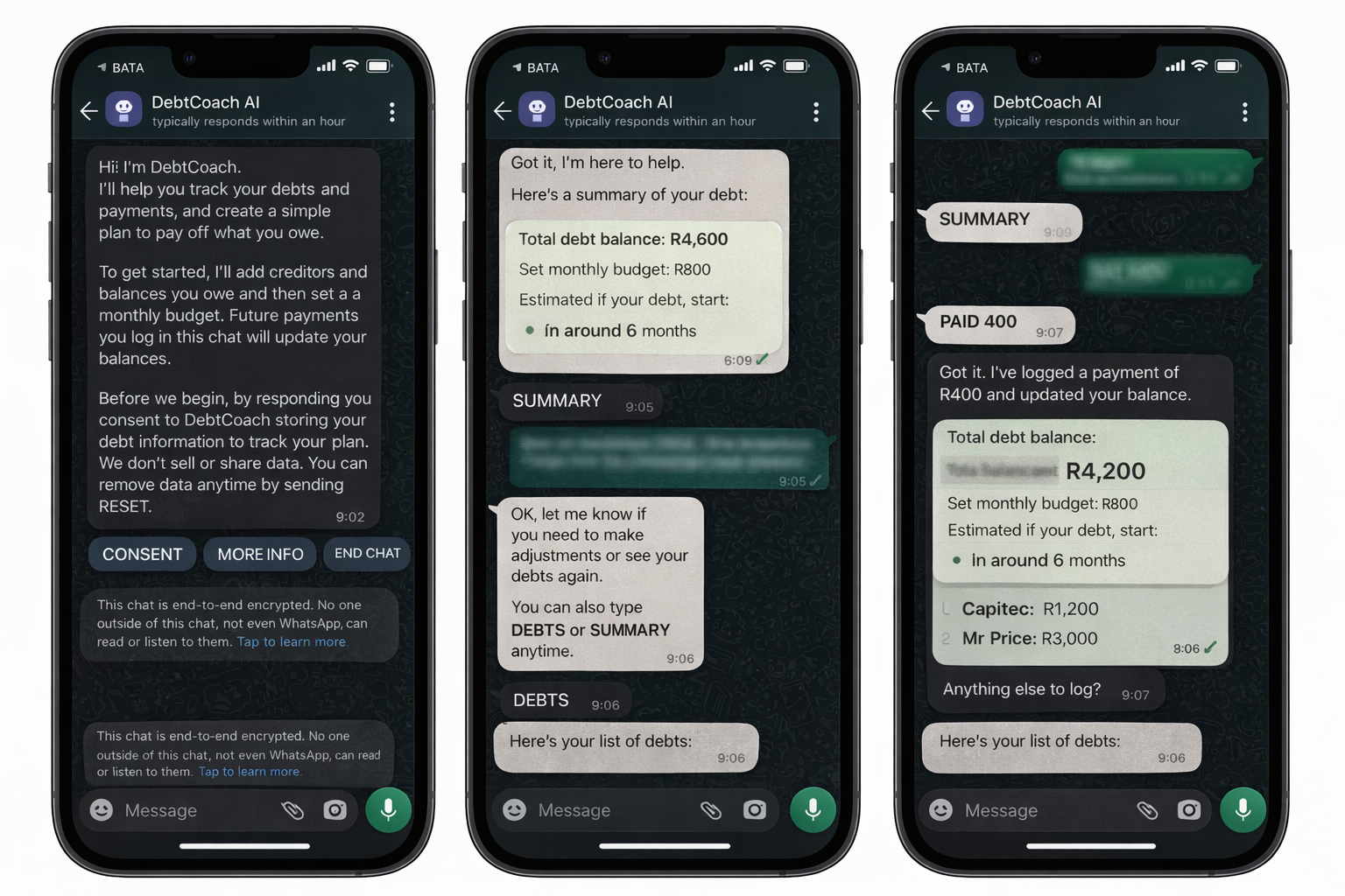 DebtCoach AI WhatsApp conversation examples